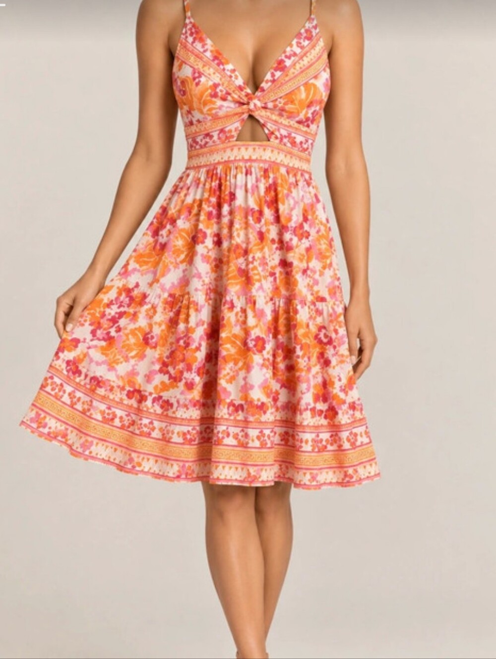 Angie Summer Floral Twist-Front Sundress in Pink and Orange